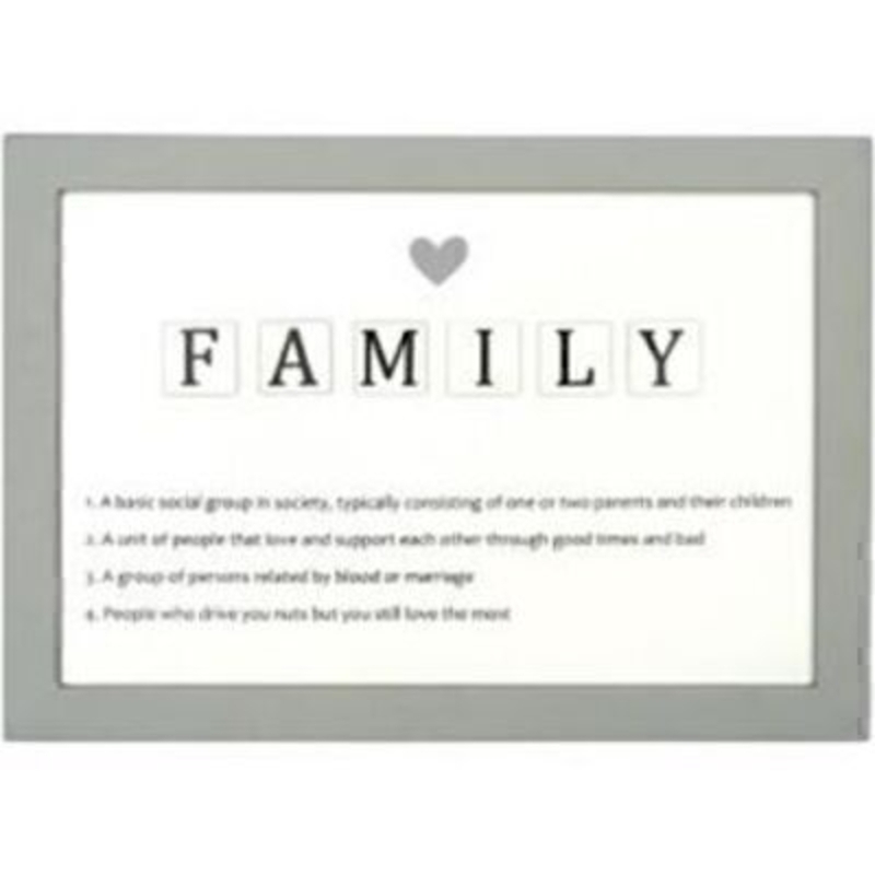 FAMILY Letter Tiles Definition Picture by Transomnia. Picture showing the definition of the word FAMILY with the word spelt out in a tile effect with a heart at the top. Humorous definitions listed under the word. Features a grey picture frame surrounding the sign. Size: 14 x 20 x 1.4cm